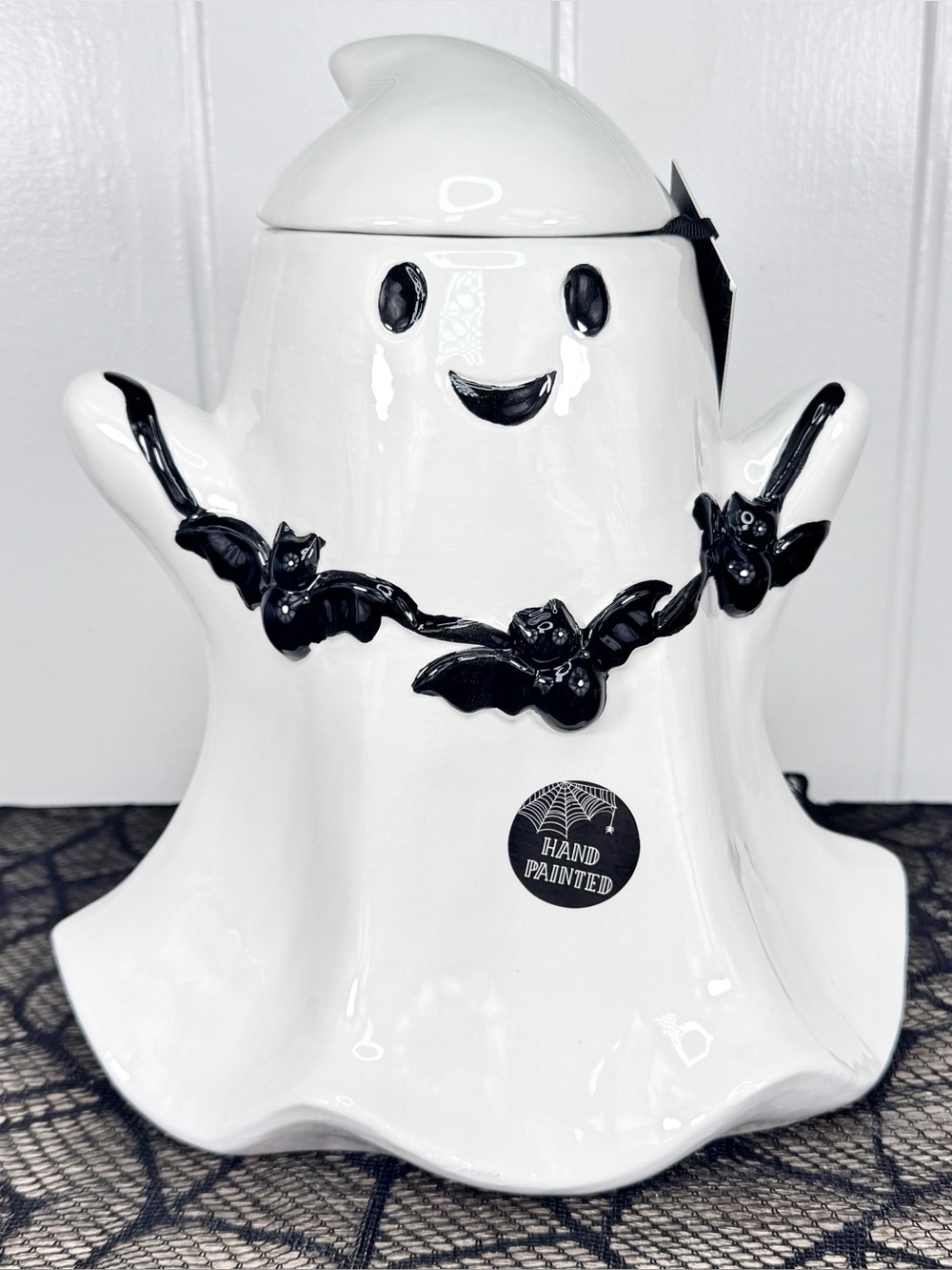 NEW Cobwebs & Cauldrons Ghost and Bat Halloween Cookie Jar